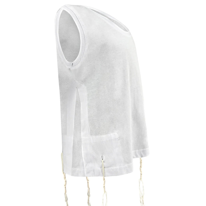Kids white sleeveless tzitzit t-shirt on white background