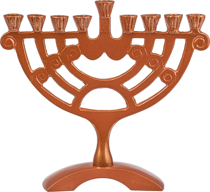 Bronze-tone swirl openwork candle menorah with nine holders and raised center shamash