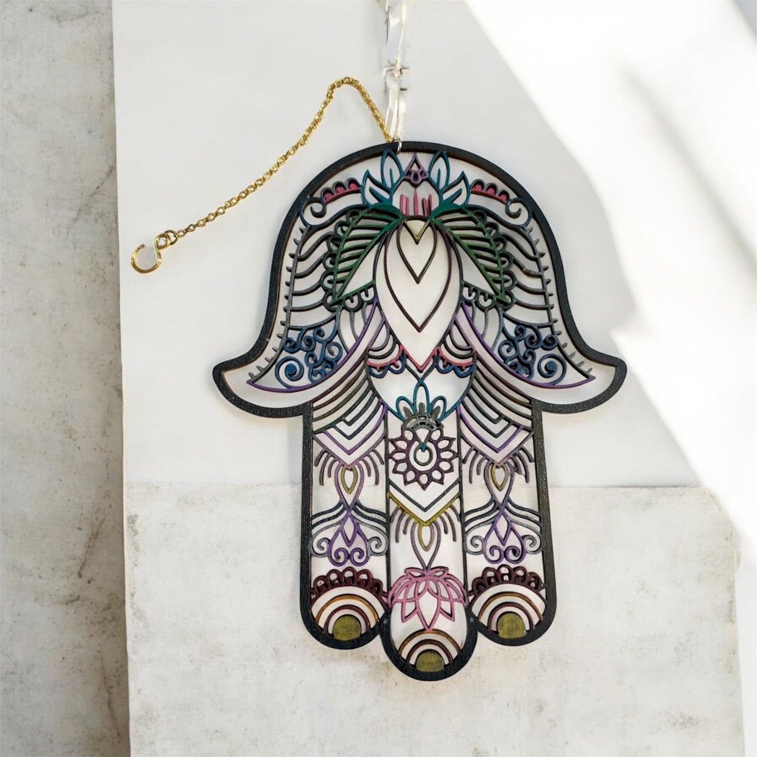 Two-sided wood hamsa — evil eye and floral mandala designs | Judaica Square Lakewood (view 7)