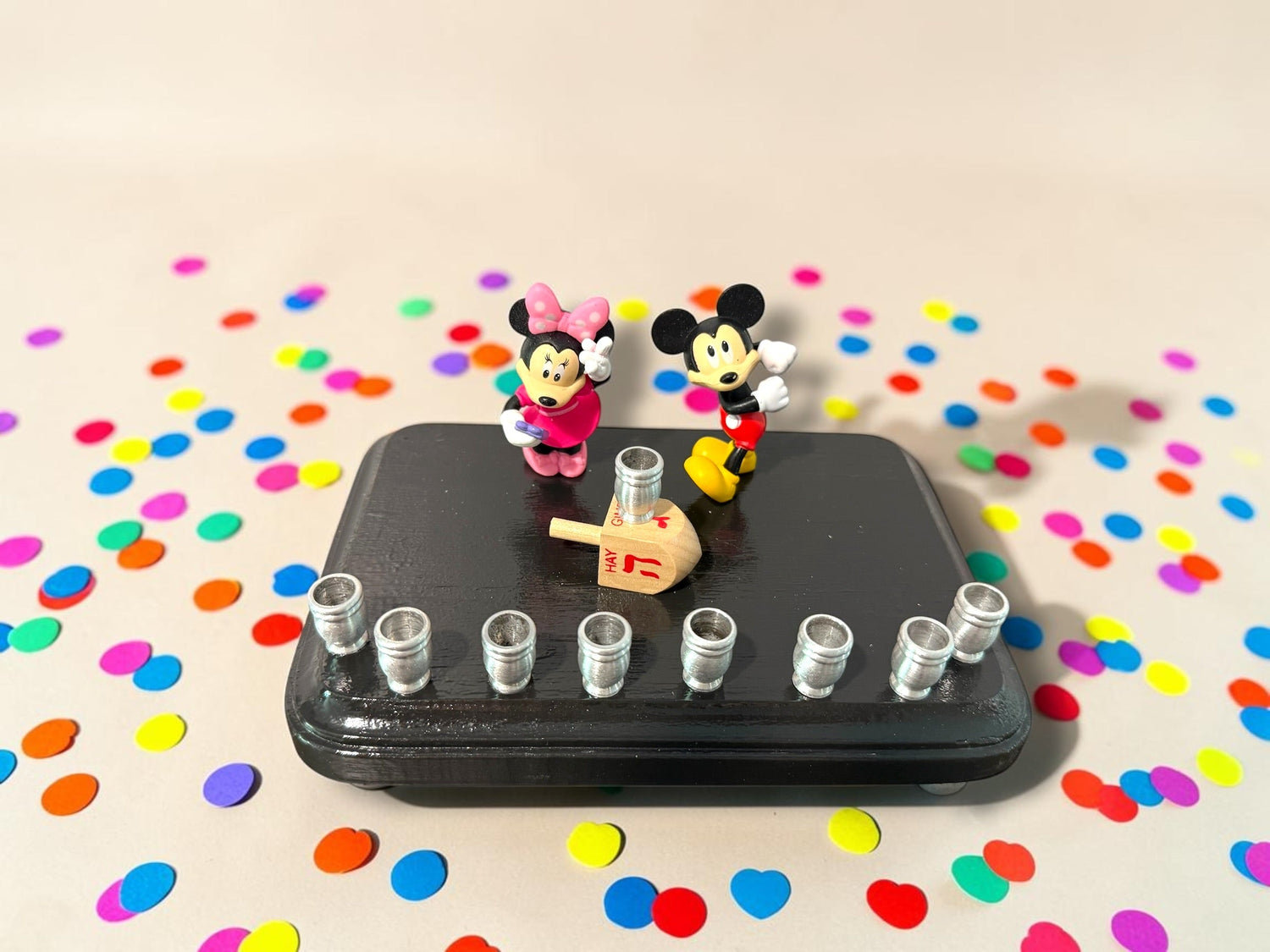 Mickey and Minnie Mouse menorah — repurposed Disney figures on painted wood plaque | Judaica Square Lakewood (view 14)