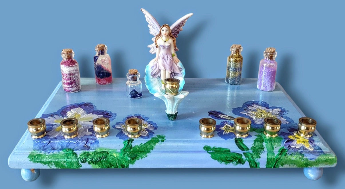 Fairy Flower Menorah — resin fairy and glass dust jar on a painted floral base | Judaica Square Lakewood (view 7)