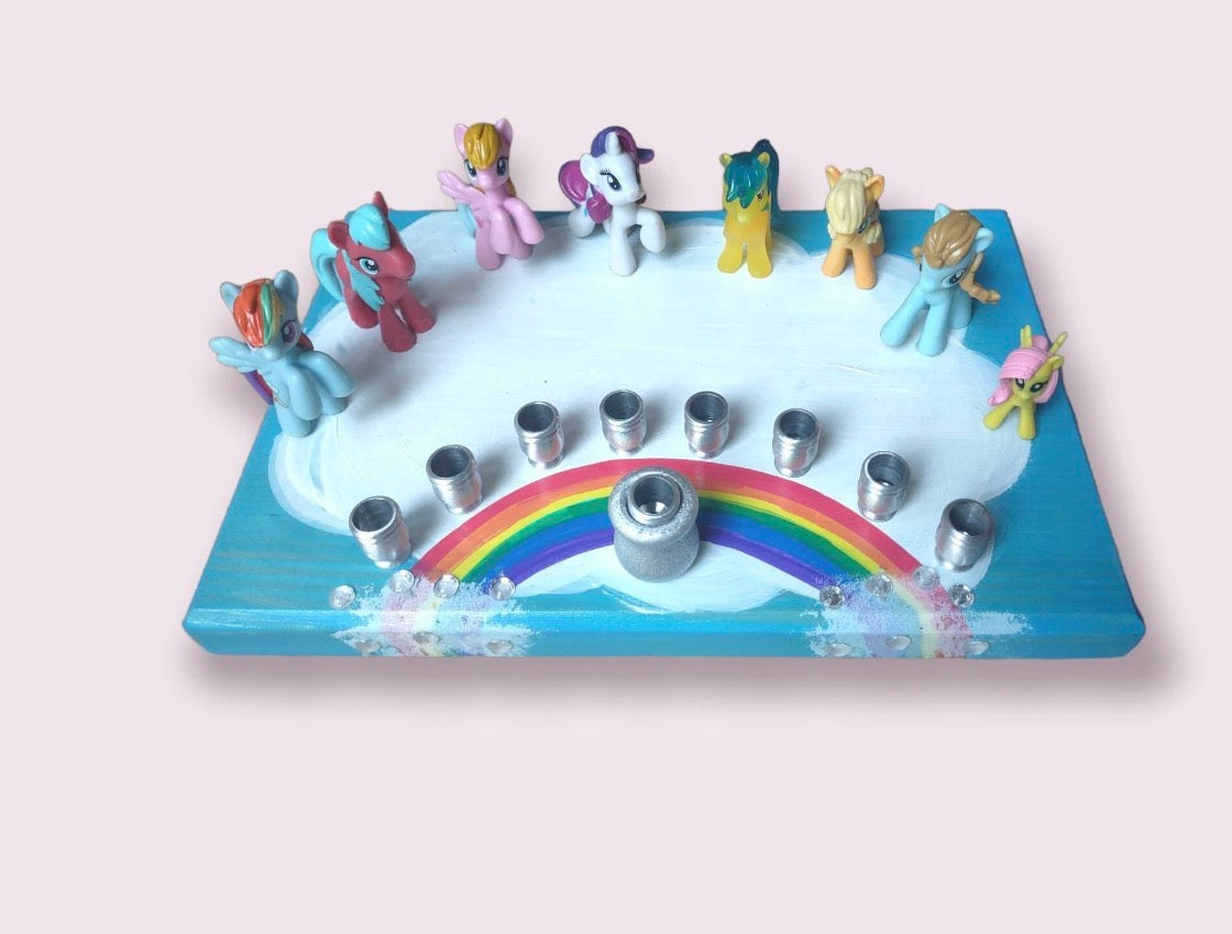 My Little Pony menorah — repurposed pony toys with rhinestones on painted wood | Judaica Square Lakewood (view 6)