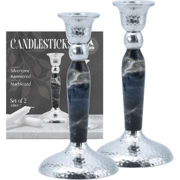 7" Marbleized Candlestick, Black — tall black candlestick with stone-like veining | Judaica Square Lakewood