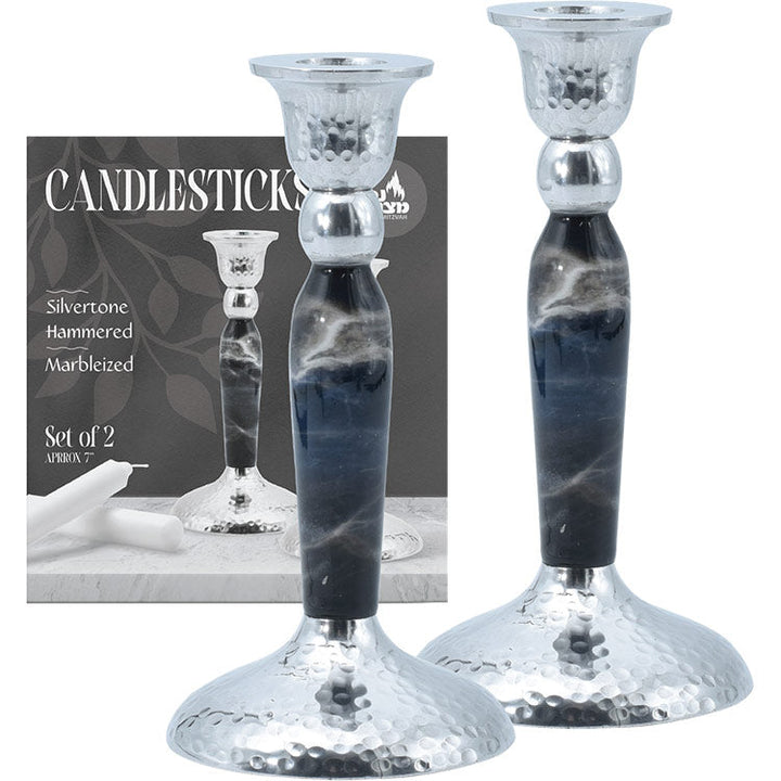 7" Marbleized Candlestick, Black — tall black candlestick with stone-like veining
