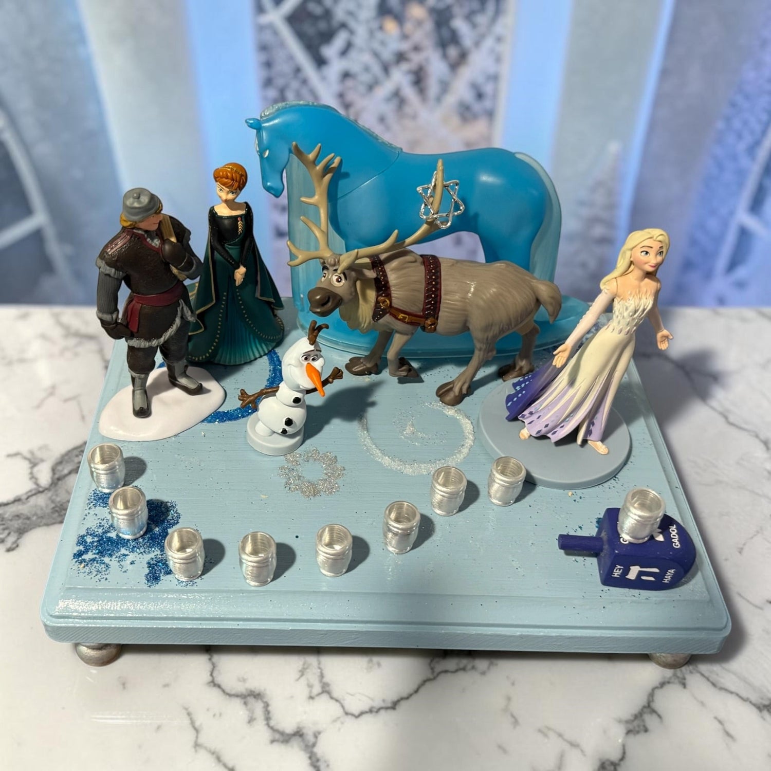 Frozen Menorah — Anna and Elsa figures with glitter dreidel shamash | Judaica Square Lakewood (view 11)
