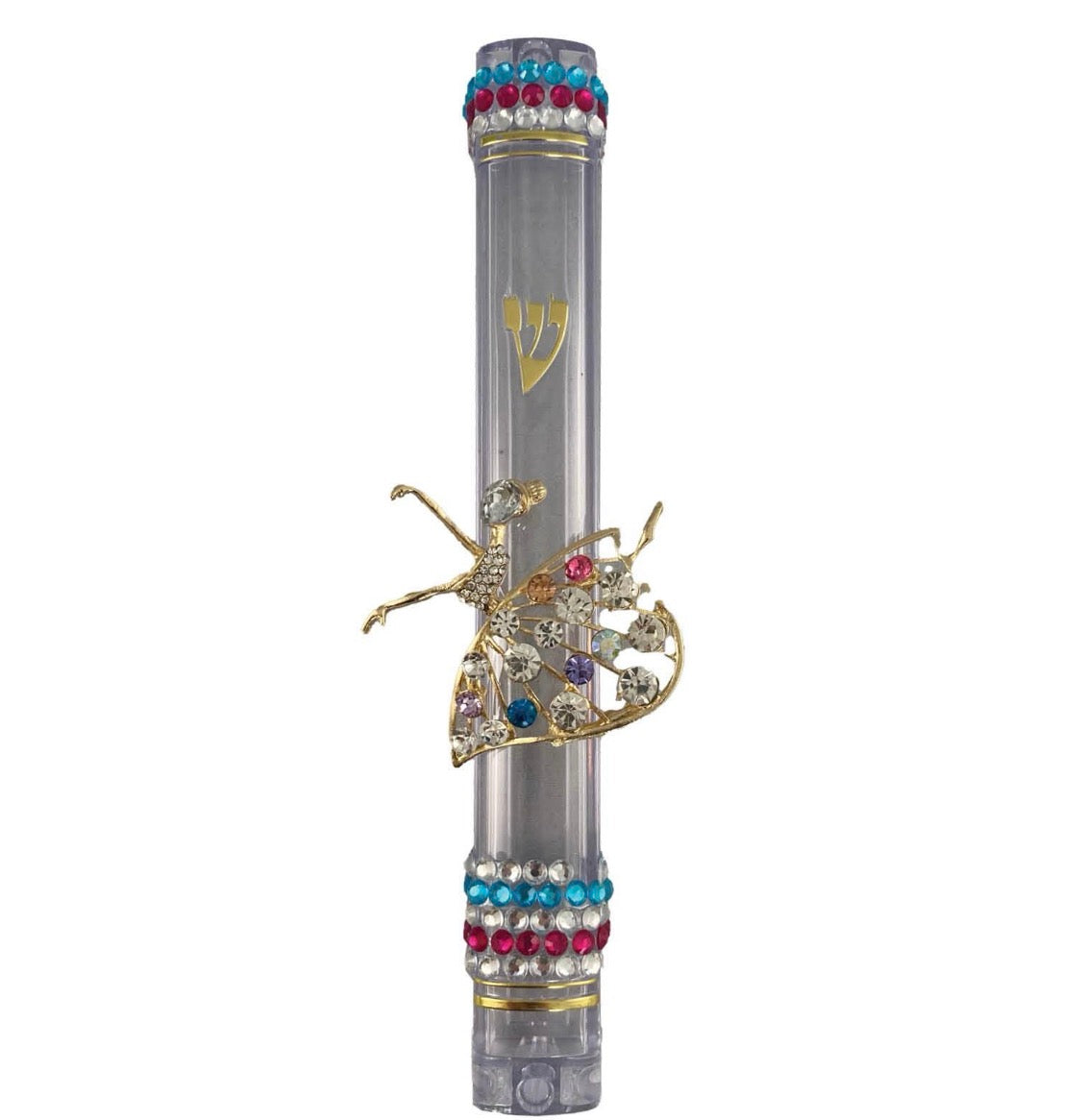 Sparkly dancers and fairies mezuzah case — acrylic case with rhinestone jewelry figures | Judaica Square Lakewood (view 6)