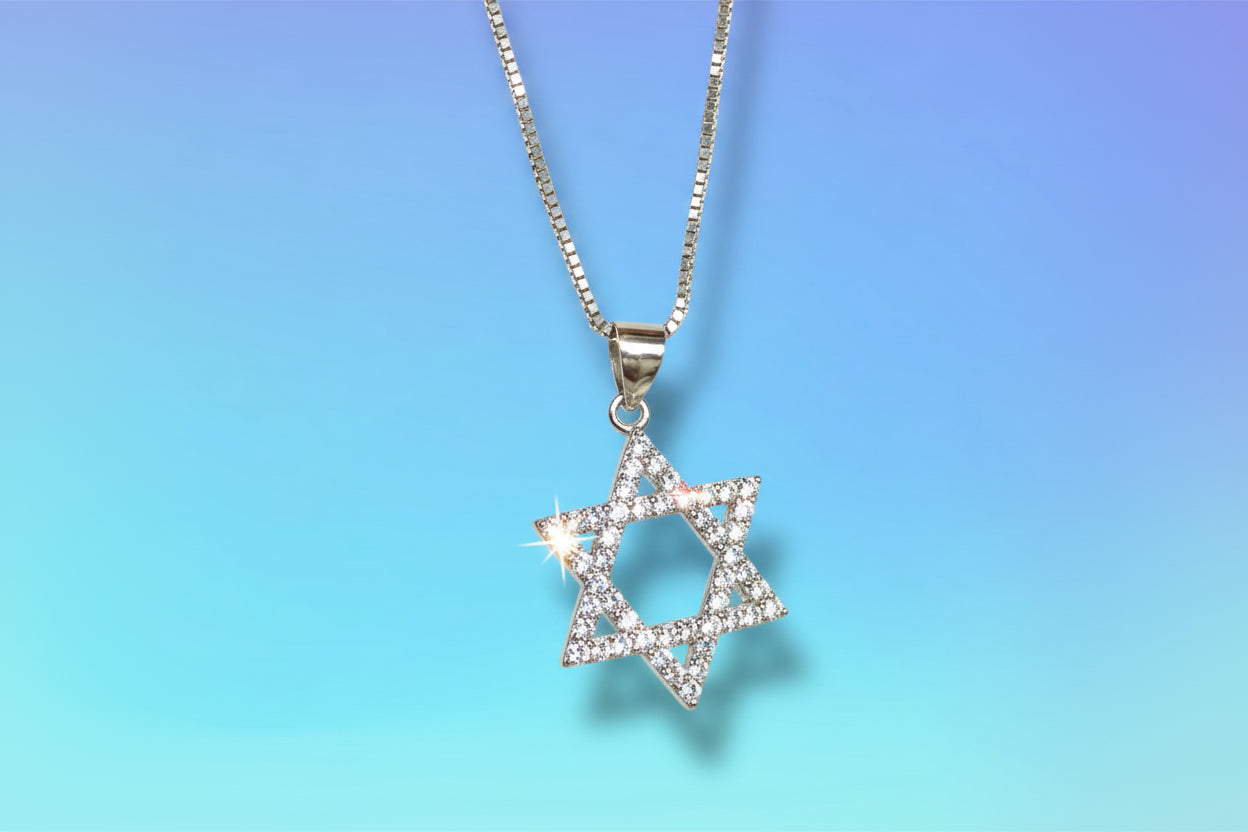 Sparkling cubic zirconia sterling Magen David pendant on box chain | Judaica Square Lakewood (view 9)