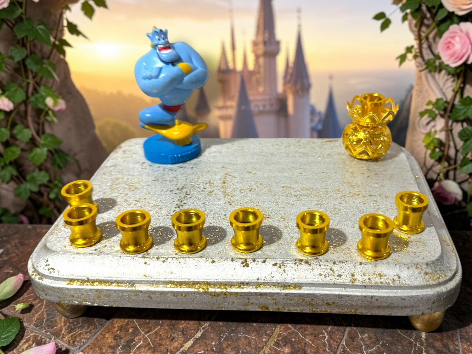 Genie menorah — blue Aladdin genie figure on painted wood plaque with aluminum candle cups | Judaica Square Lakewood (view 7)