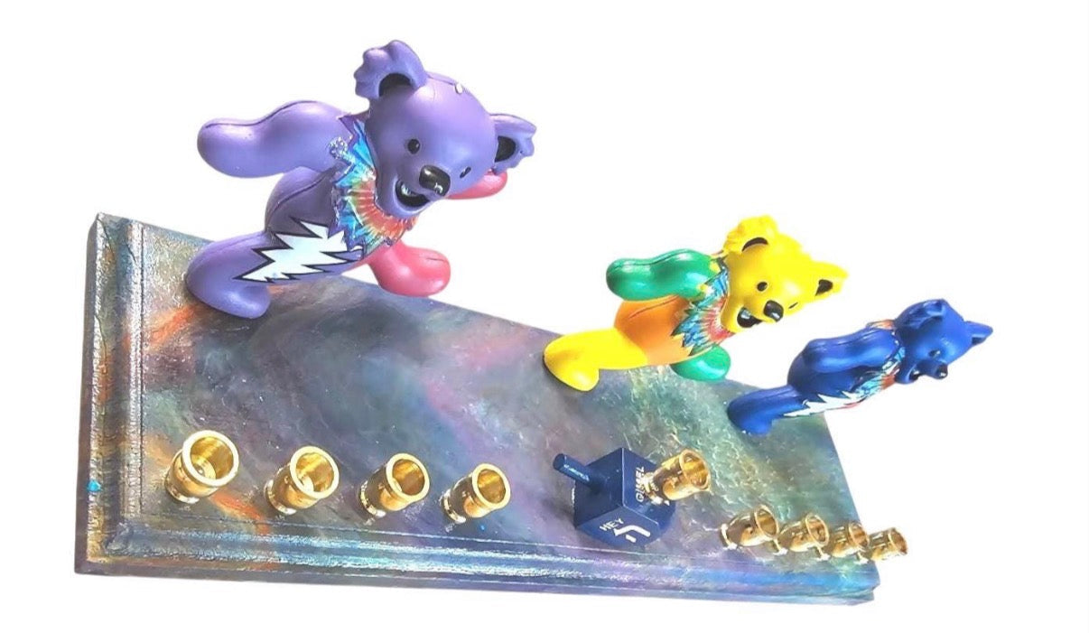 Psychedelic Dancing Bears Menorah — bear figures on a swirled paint-poured base | Judaica Square Lakewood (view 7)