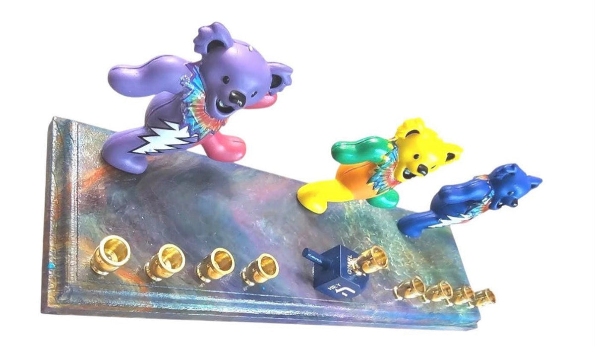 Psychedelic Dancing Bears Menorah — bear figures on a swirled paint-poured base | Judaica Square Lakewood (view 7)