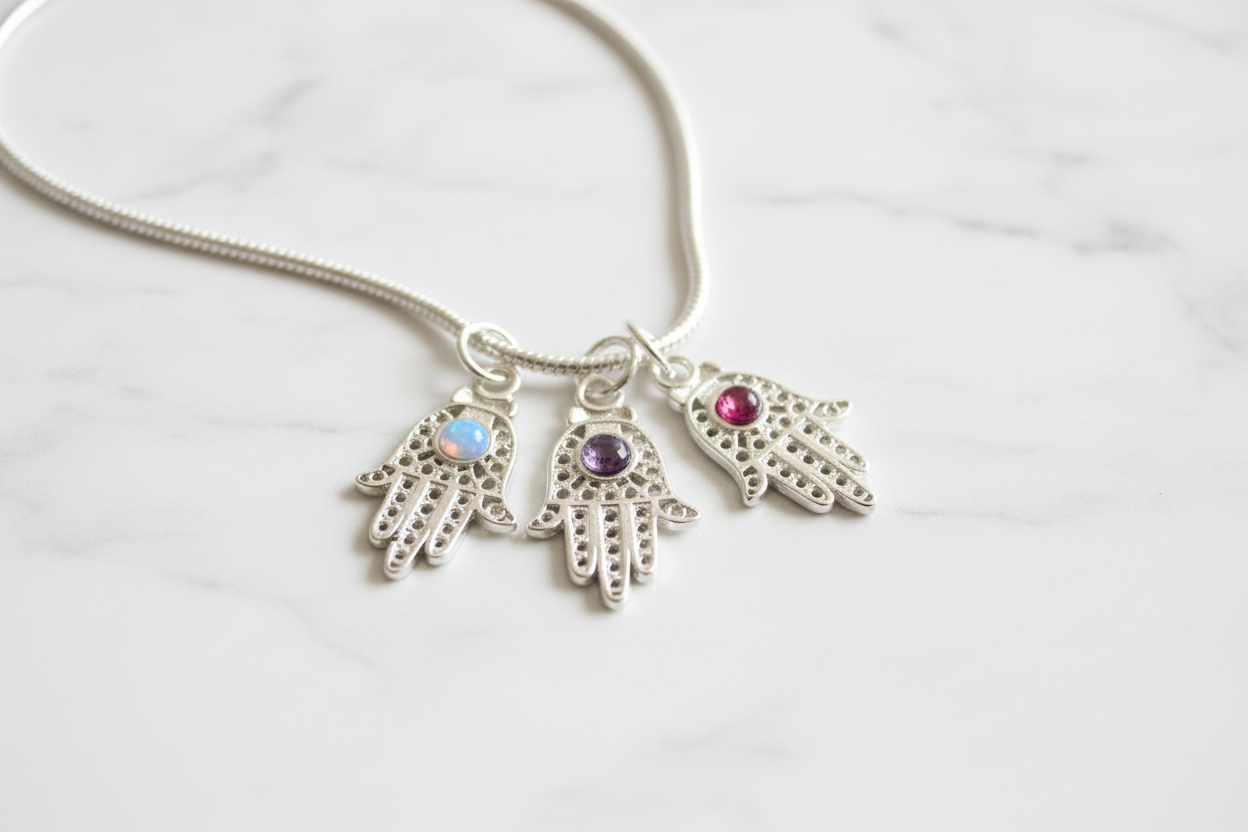 Filigree sterling hamsa pendant set with a purple amethyst stone | Judaica Square Lakewood (view 11)