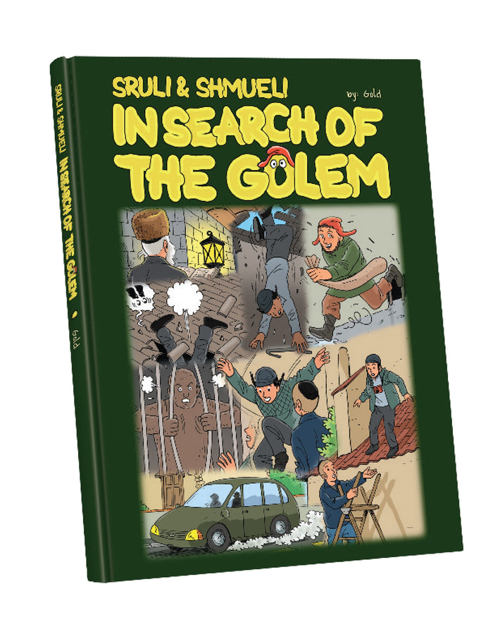 Sruli and Shmueli In Search of the Golem green hardcover with comic panels of a chase across rooftops