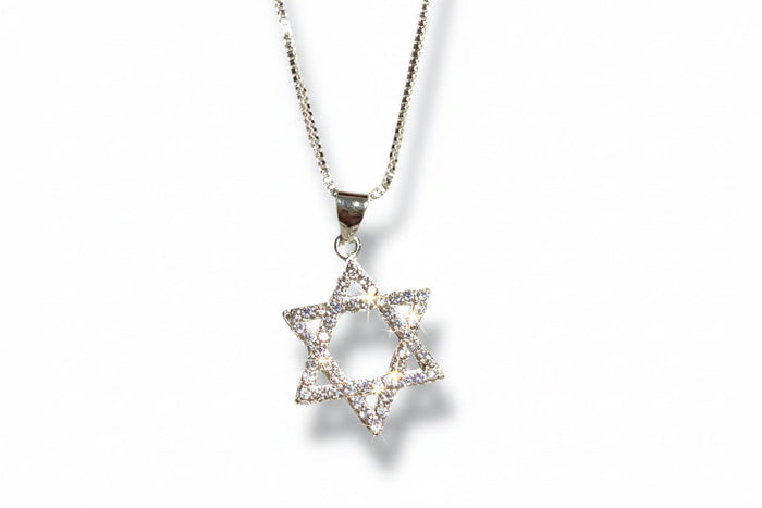 Sparkling cubic zirconia sterling Magen David pendant on box chain | Judaica Square Lakewood