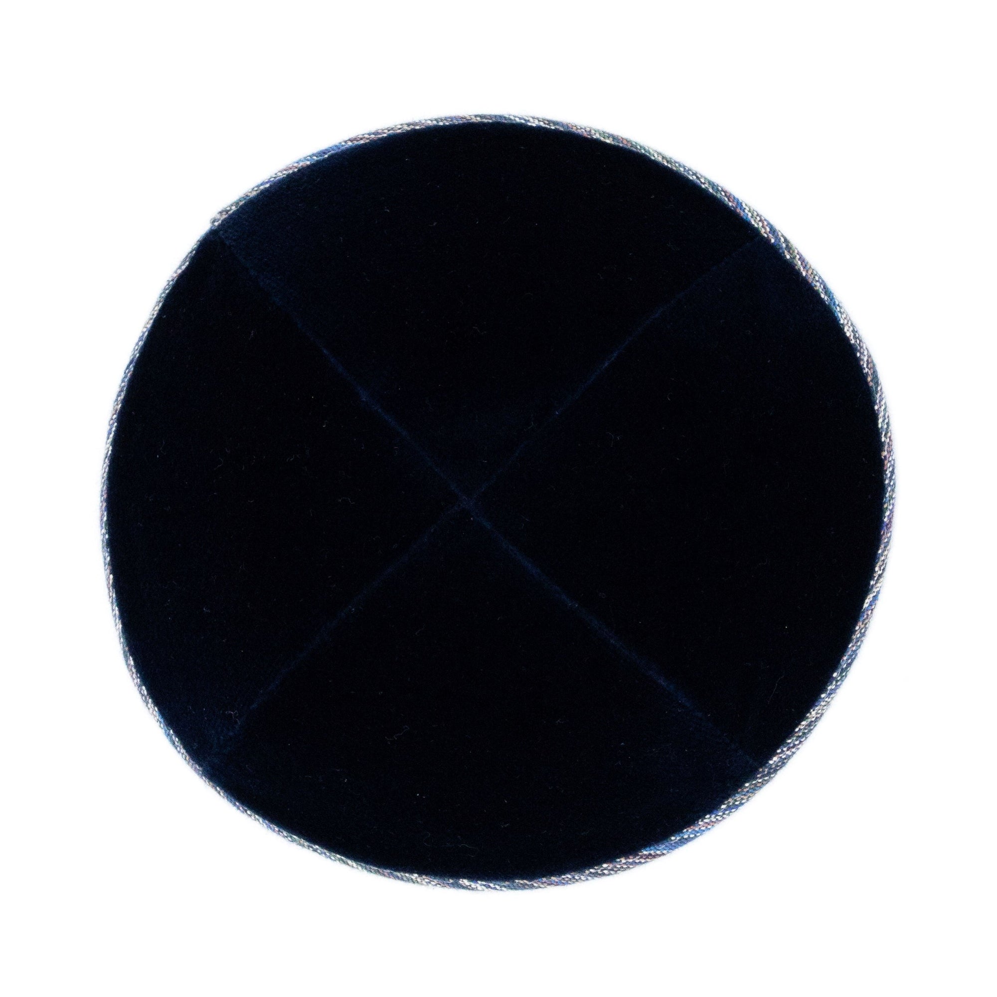 Navy Velvet Kippah - showing rim trim, six-panel construction