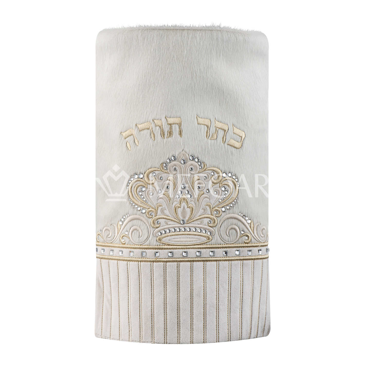 Fur and Velvet Torah Mantle - Style 378 -White and Gold - Image 2