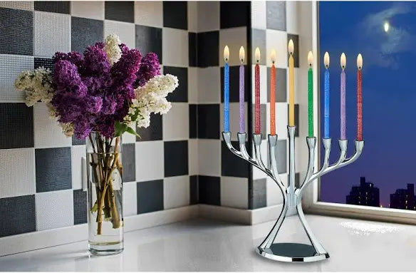 Rainbow Hanukkah Candles — boxed set of frosted multicolor menorah candles | Judaica Square Lakewood (view 4)
