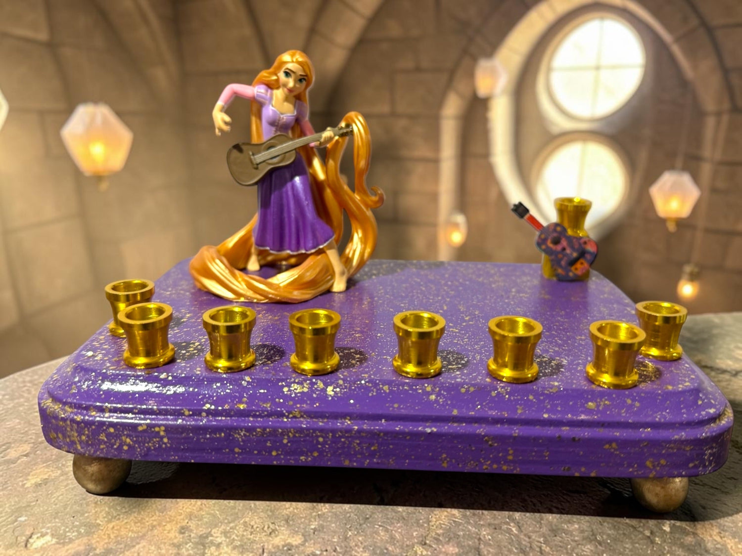 Rapunzel menorah — Tangled figure with wooden guitar shamash on painted base | Judaica Square Lakewood (view 7)