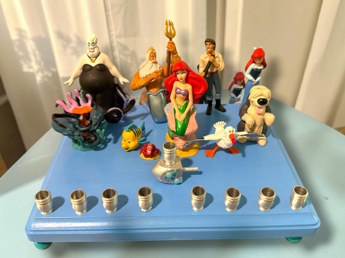 Little Mermaid Menorah — mermaid figures and rhinestones on a painted wood plaque | Judaica Square Lakewood (view 19)