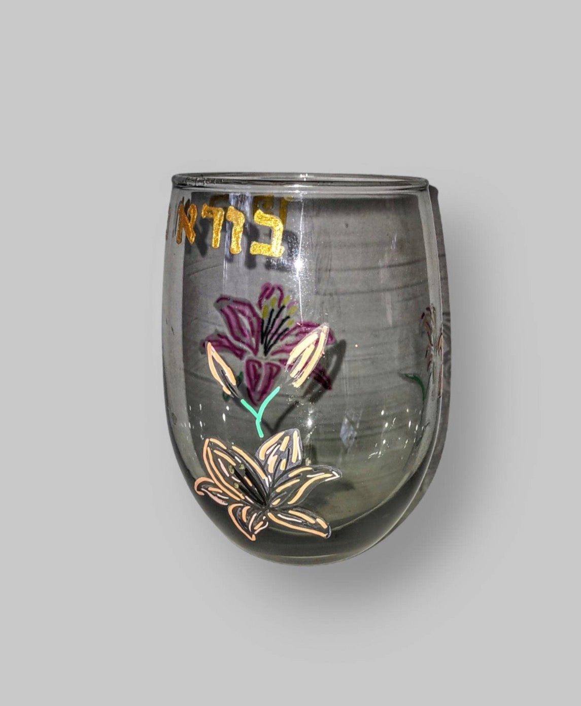 Blessing over wine kiddush cup — etched glass painted with lilies | Judaica Square Lakewood (view 8)
