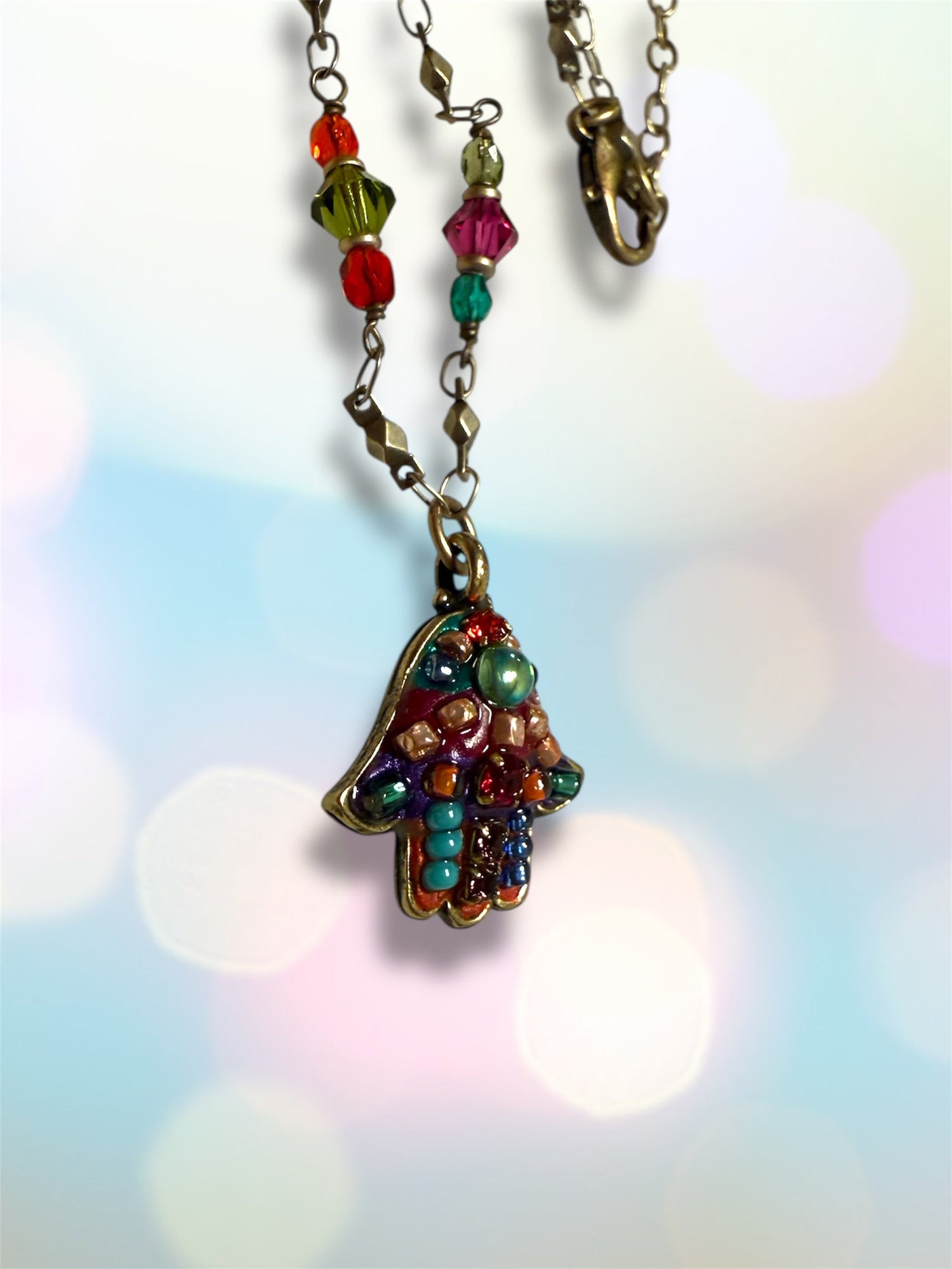 Multicolor hamsa necklace — bright glass mosaic gold pendant | Judaica Square Lakewood (view 6)