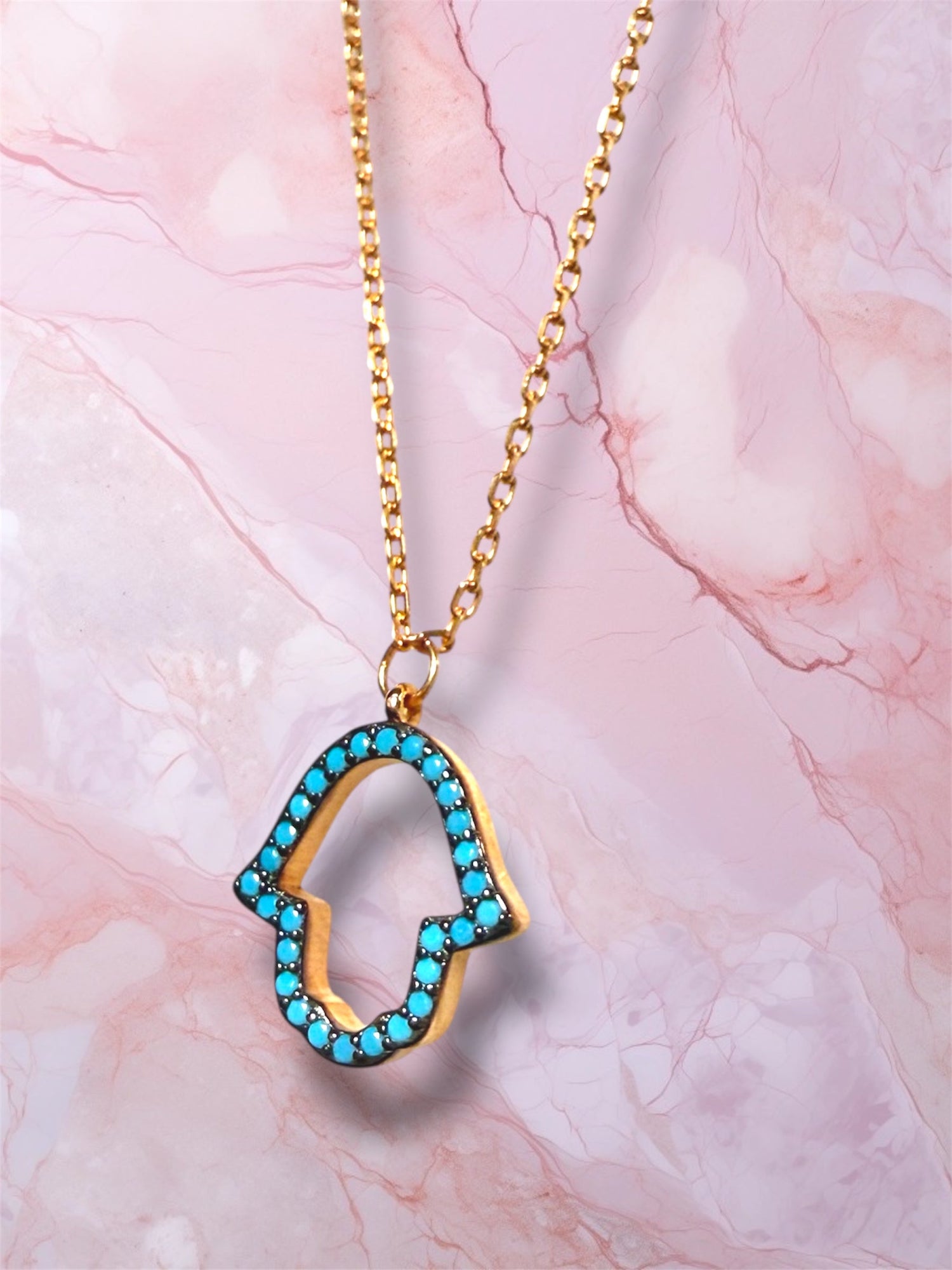 Rose gold hamsa necklace — open hand with blue gemstone | Judaica Square Lakewood (view 7)