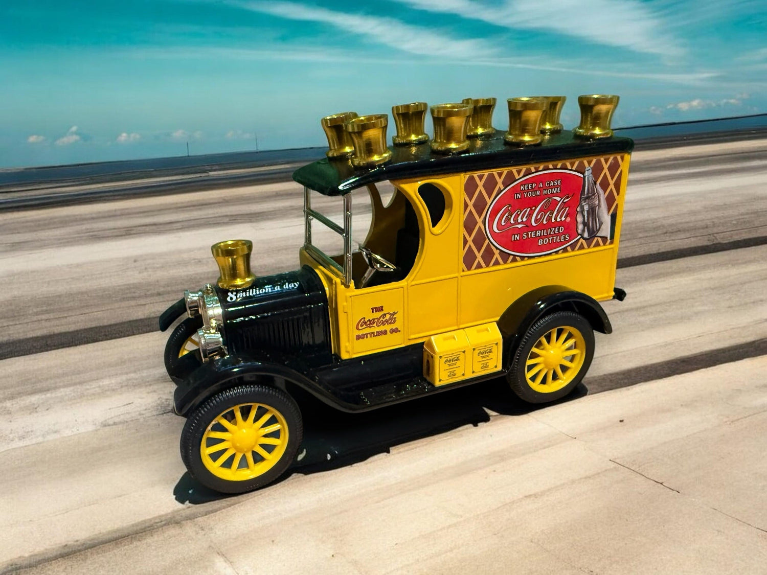 Coca-Cola Car Menorah — red vintage die-cast car bank with aluminum cups | Judaica Square Lakewood (view 6)