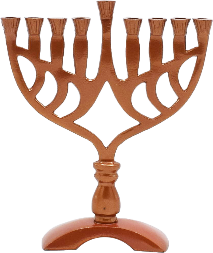 Bronze-tone openwork candle menorah with nine holders and raised center shamash
