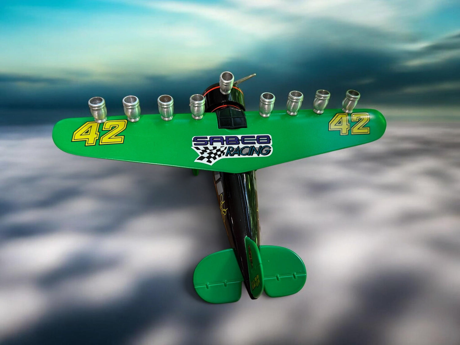 Vintage Airplane Menorah — die-cast metal plane bank fitted with aluminum cups | Judaica Square Lakewood (view 21)