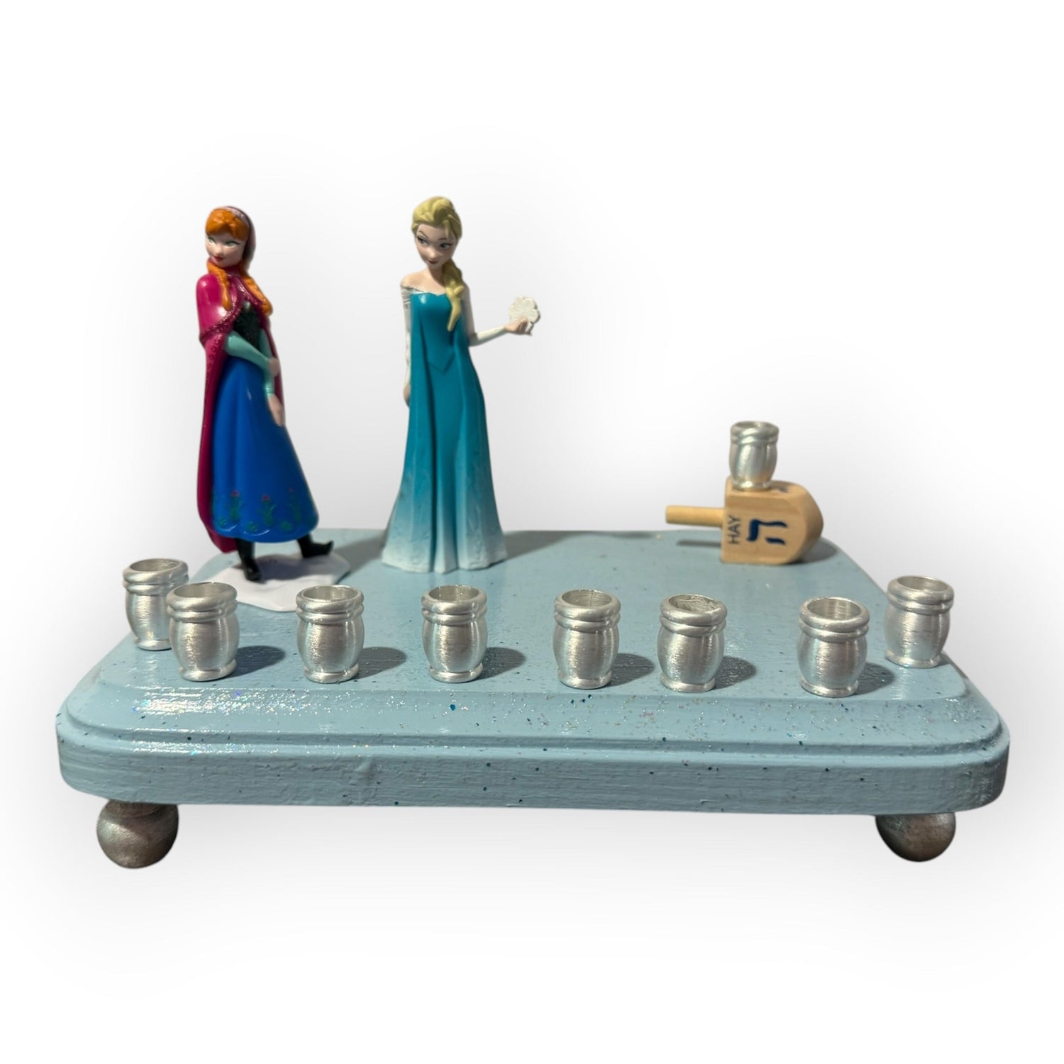 Frozen menorah — Anna and Elsa figures on rhinestone-trimmed painted plaque | Judaica Square Lakewood (view 7)