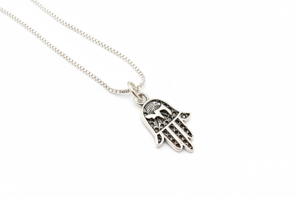 Sterling silver filigree hamsa pendant with Chai cutout on box chain | Judaica Square Lakewood (view 6)