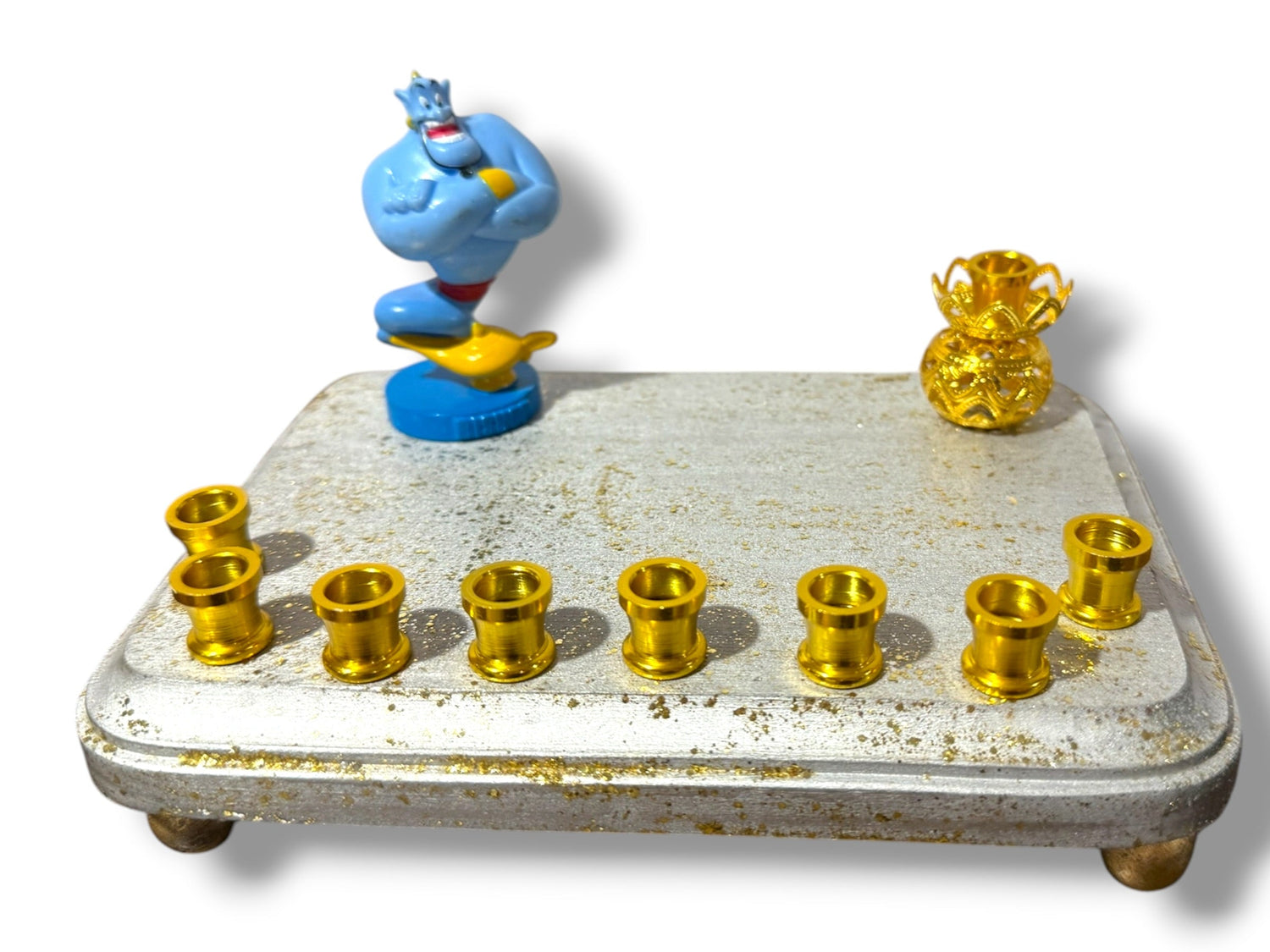 Genie menorah — blue Aladdin genie figure on painted wood plaque with aluminum candle cups | Judaica Square Lakewoo (view 14)