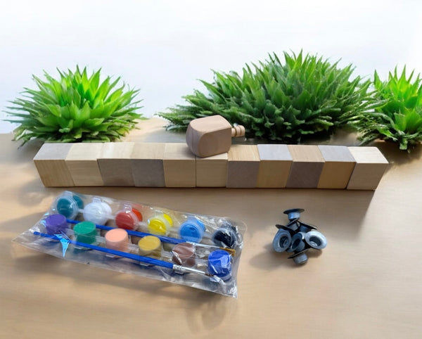 Block menorah kit — birch cubes, wooden dreidel, acrylic paints and aluminum candle cups | Judaica Square Lakewood