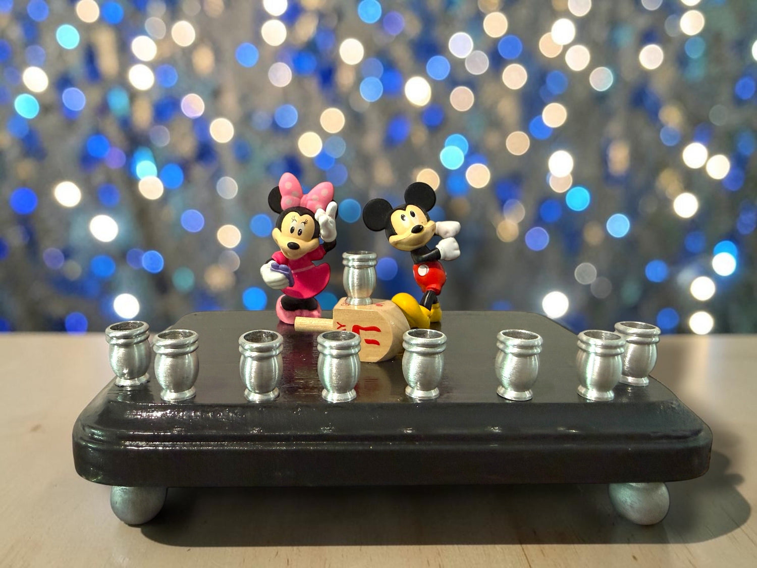 Mickey and Minnie Mouse menorah — repurposed Disney figures on painted wood plaque | Judaica Square Lakewood (view 4)
