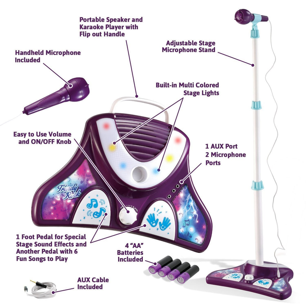Little Pretender Kids Karaoke Machine with 2 Mics & Adjustable Stand — stage lights, view 4 | Judaica Square Lakewood
