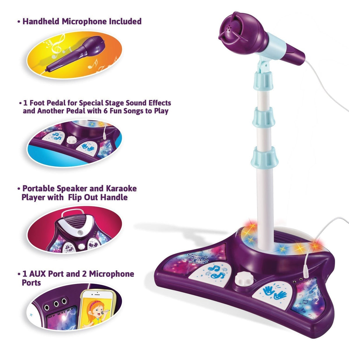 Little Pretender Kids Karaoke Machine with 2 Mics & Adjustable Stand — stage lights, view 3 | Judaica Square Lakewood