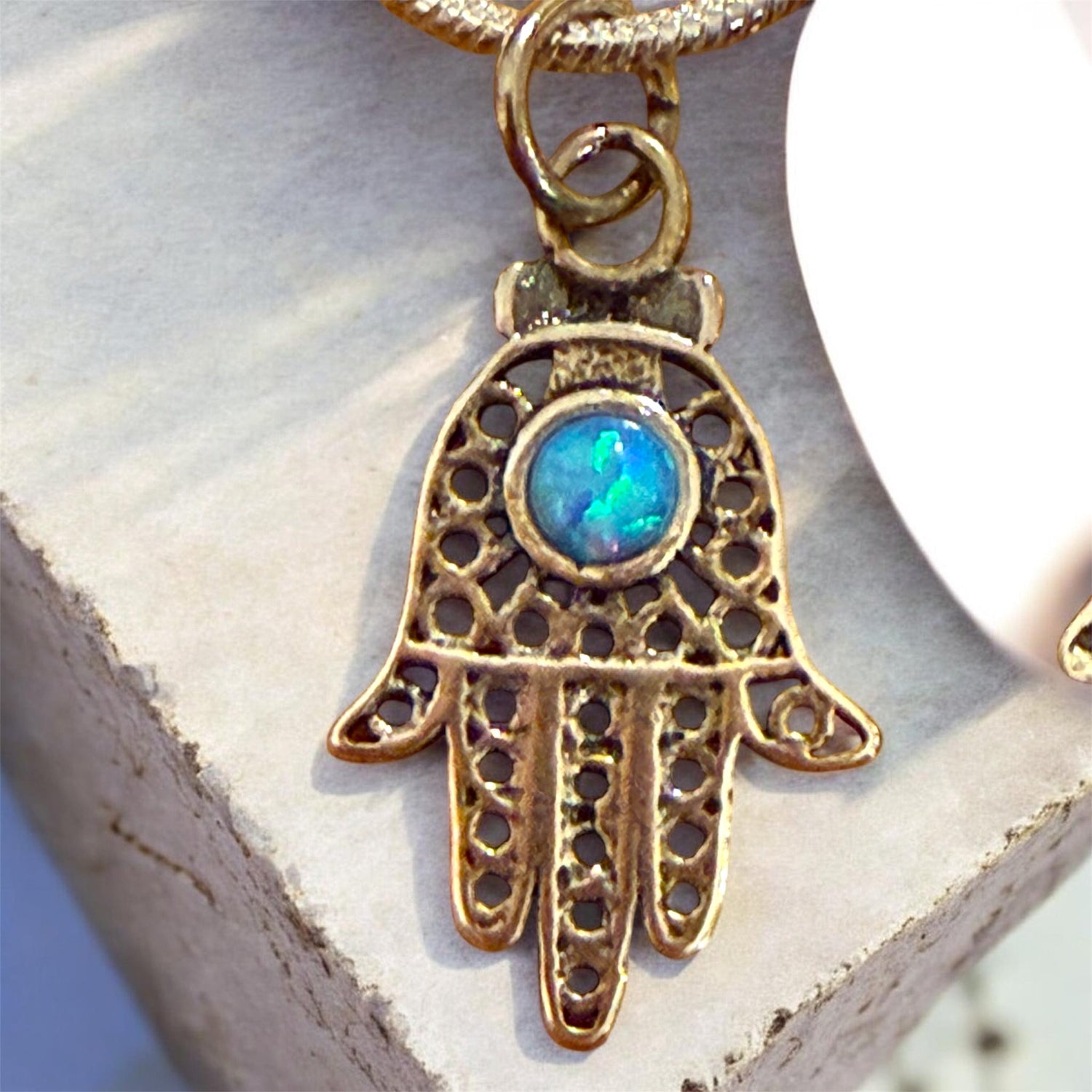 Sterling filigree hamsa pendant with blue opal stone on snake chain | Judaica Square Lakewood (view 2)