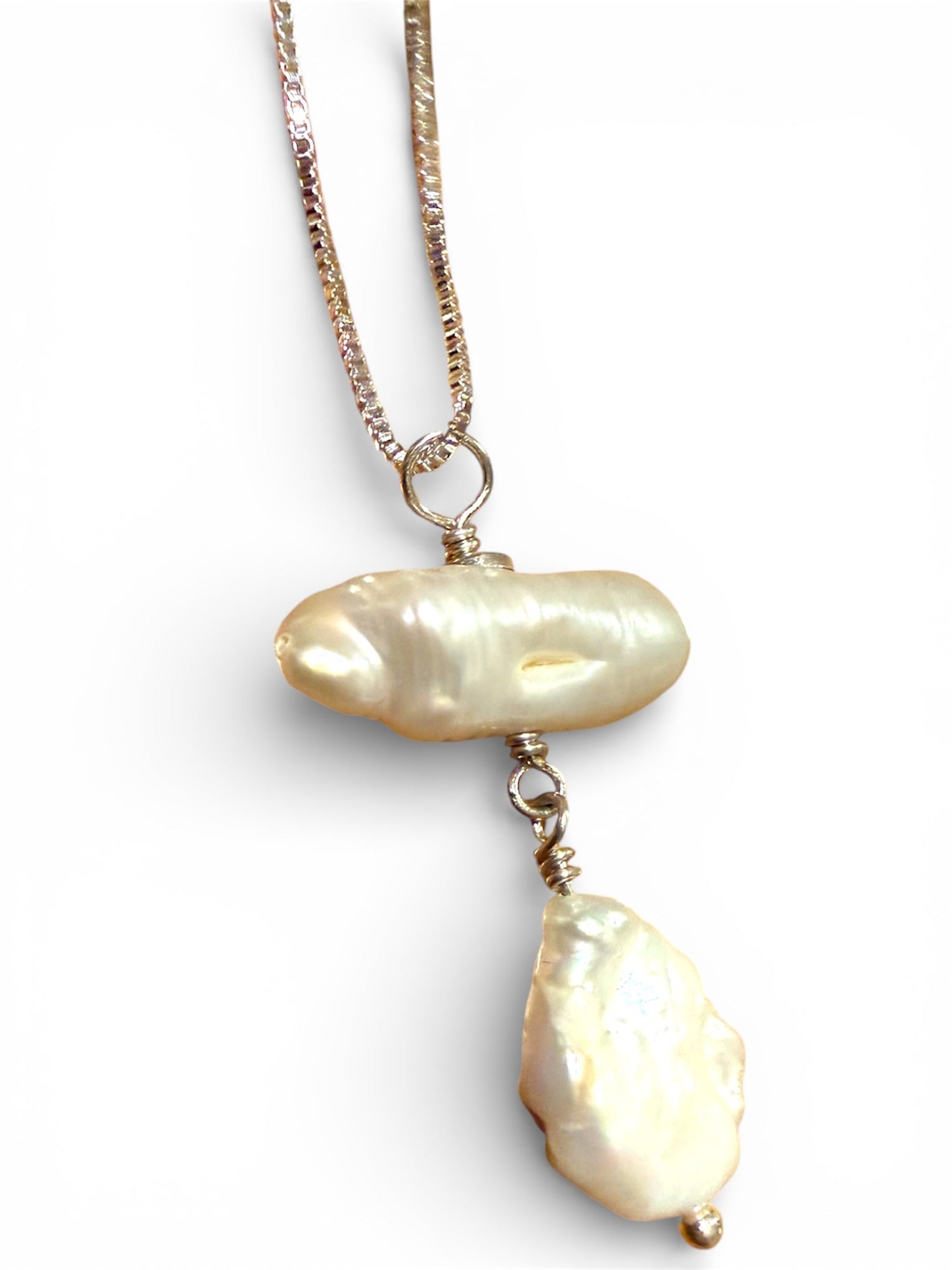 Freshwater pearl dangling in sterling silver wire on a box chain | Judaica Square Lakewood (view 4)