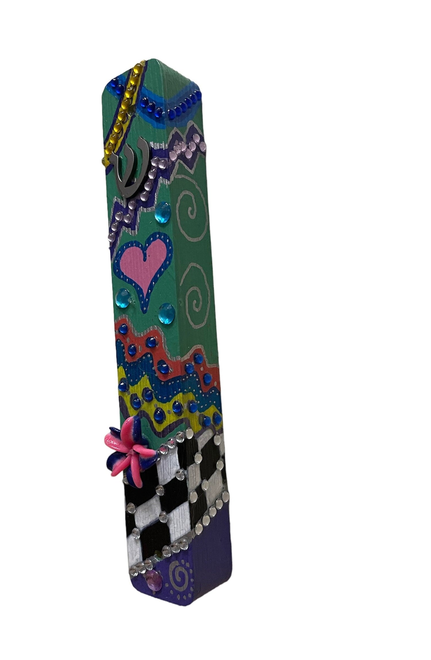 Hand-painted mezuzah cases — checkerboard, leafy vine and glitter mosaic designs | Judaica Square Lakewood (view 5)