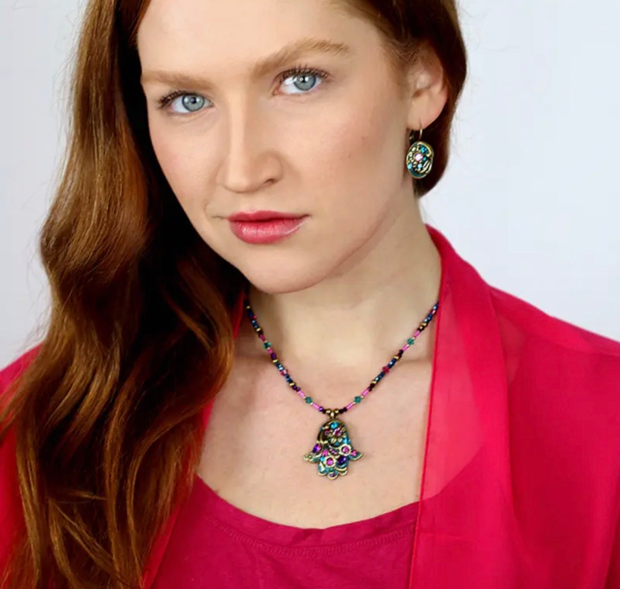 Michal Golan teal mosaic hamsa pendant with crystals and gold trim | Judaica Square Lakewood (view 5)