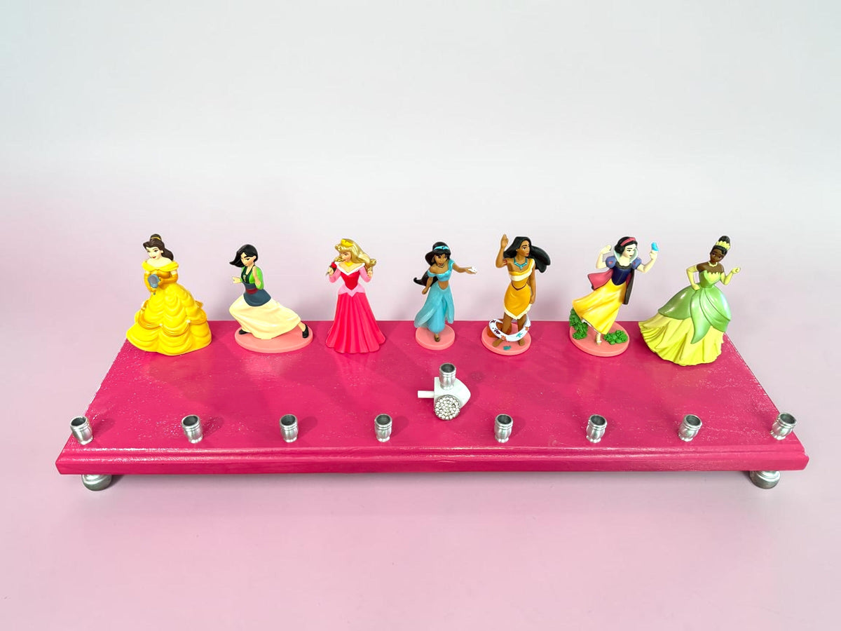 Classic Disney princess menorah — row of repurposed princess figures on pink glitter plaque | Judaica Square Lakewoo (view 6)