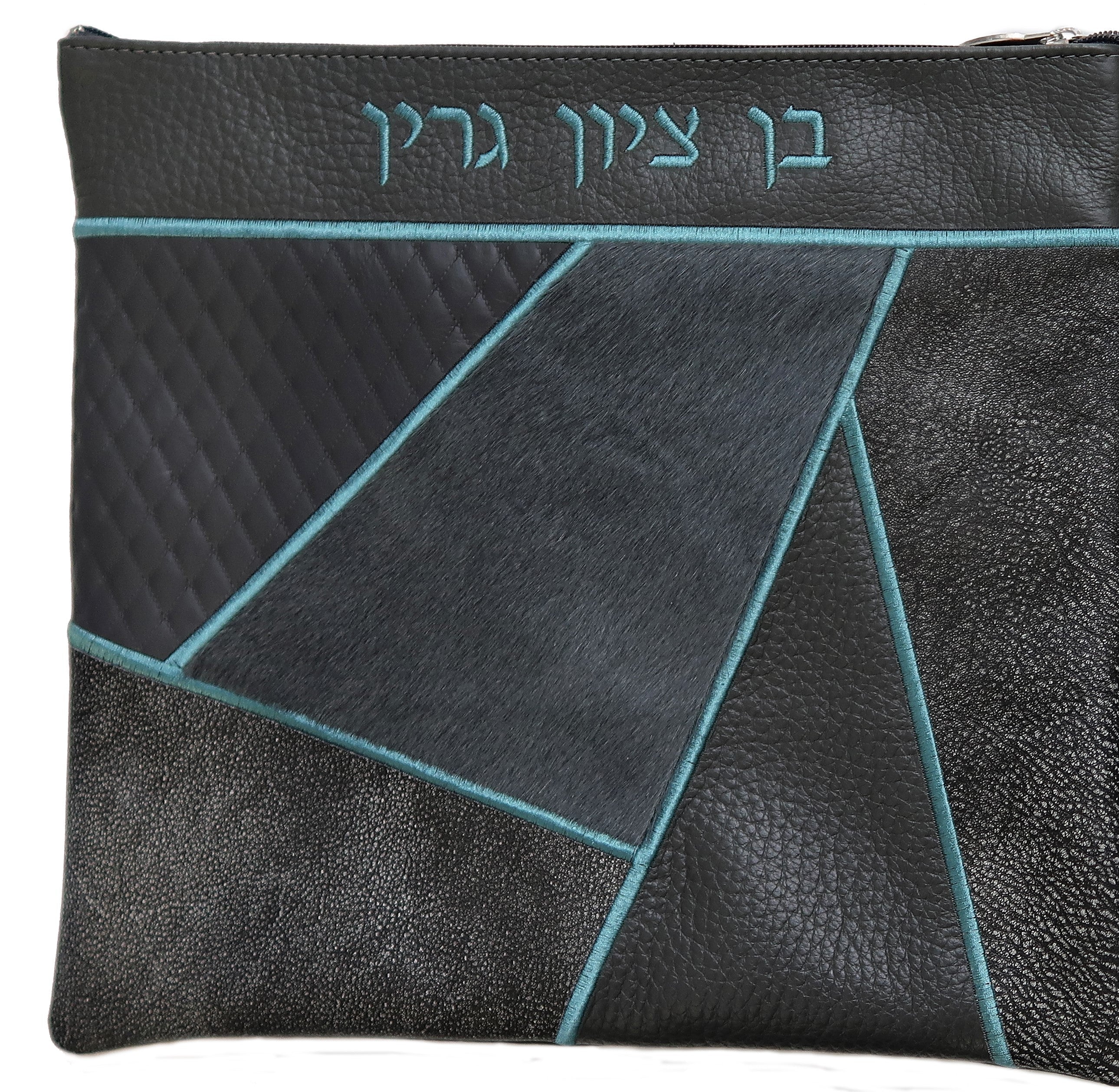 Prestige Leather Tallit & Tefillin Bag — Geometric & Diamond Design, Premier Collection (740I-GR)