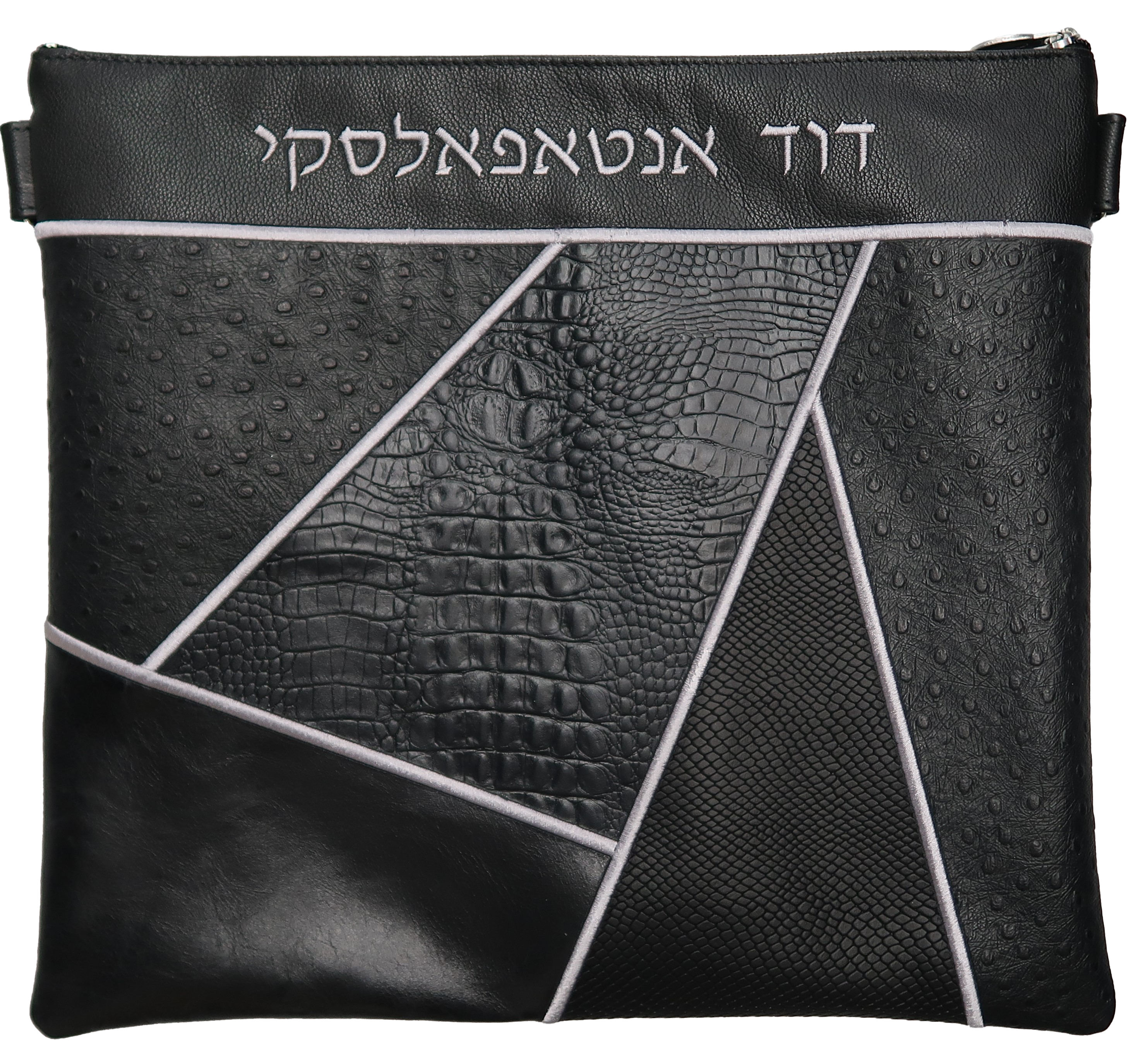 Prestige Ostrich Tallit & Tefillin Bag — Geometric & Ostrich Design, Premier Collection (740I-BK3)