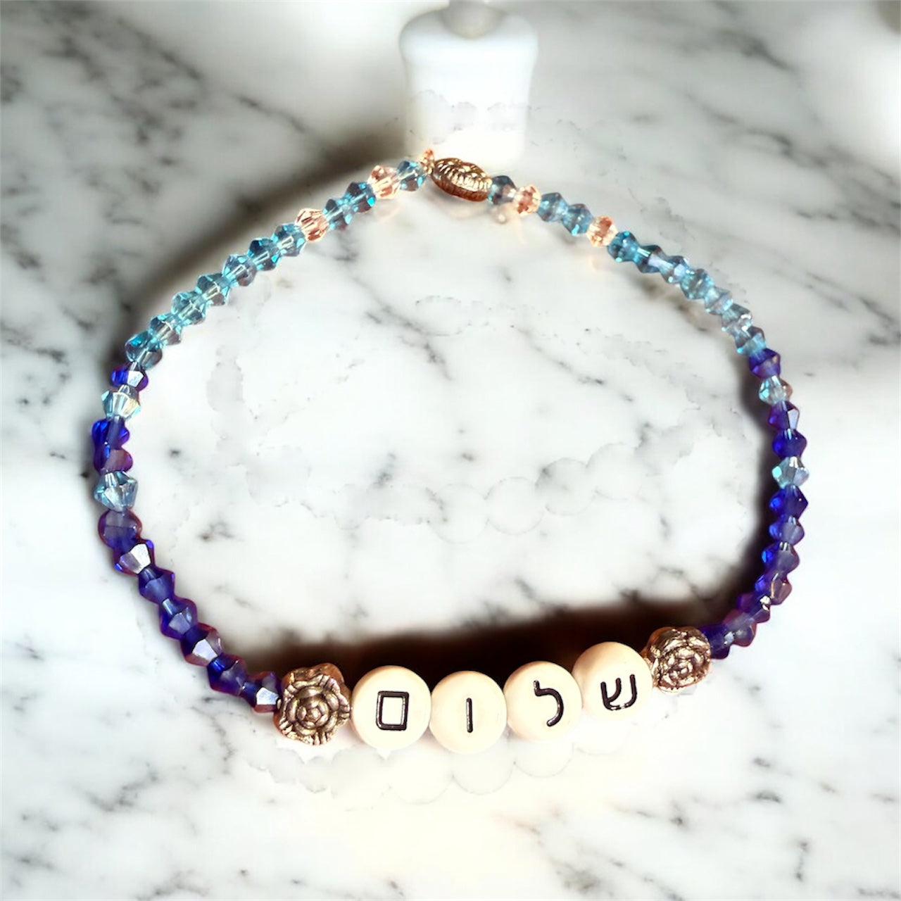 Shalom bracelet — Hebrew peace lettering with gemstone, pearl and mixed metal beads | Judaica Square Lakewood (view 3)