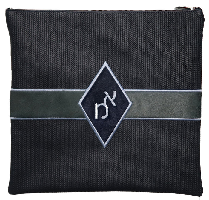 Prestige Leather Tallit & Tefillin Bag — Geometric & Diamond Design, Premier Collection (750H-NV)