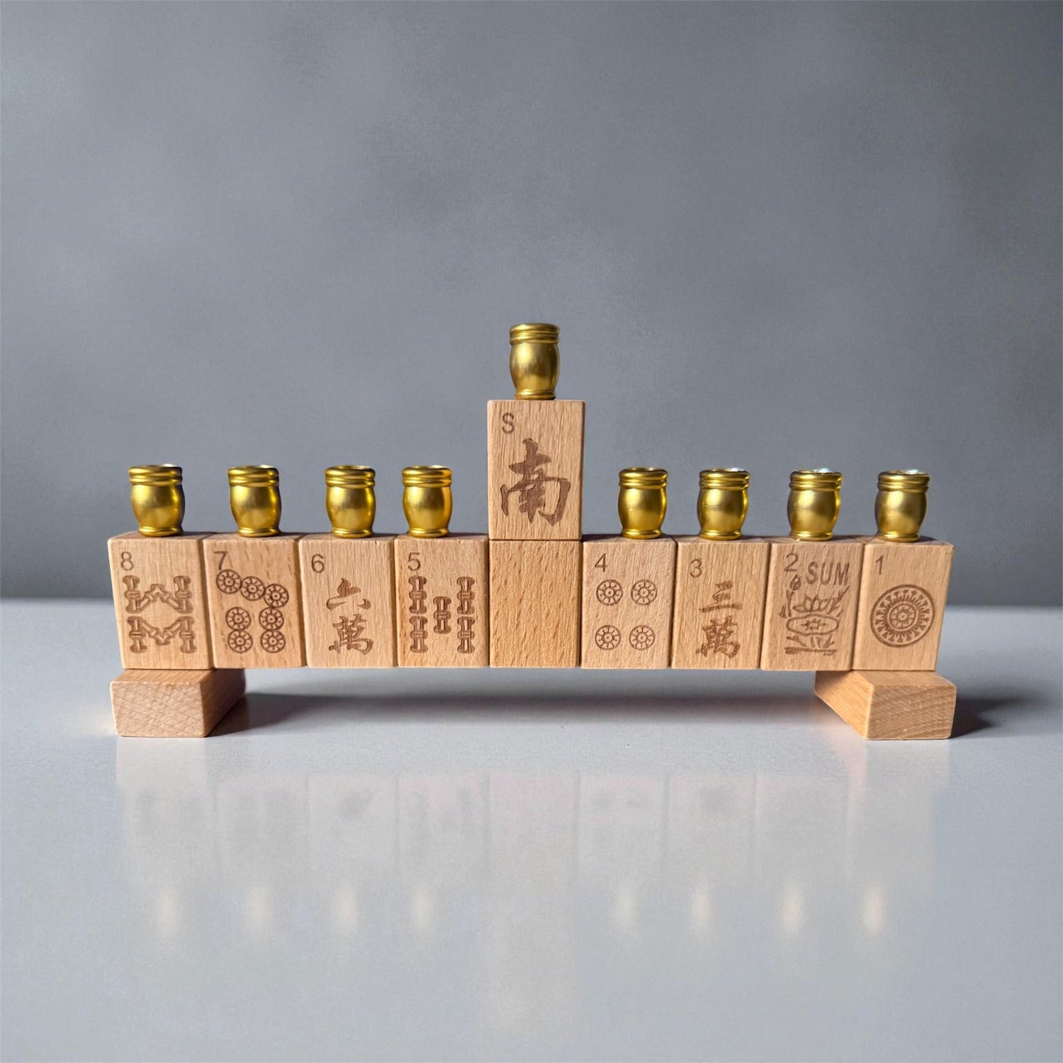 Mah Jongg menorah — repurposed game tiles with numbered aluminum candle cups | Judaica Square Lakewood (view 3)