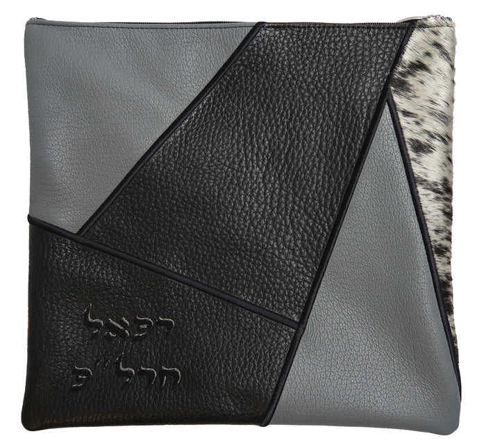 Prestige Leather Tallit & Tefillin Bag — Geometric Design, Premier Collection (755I-BK)