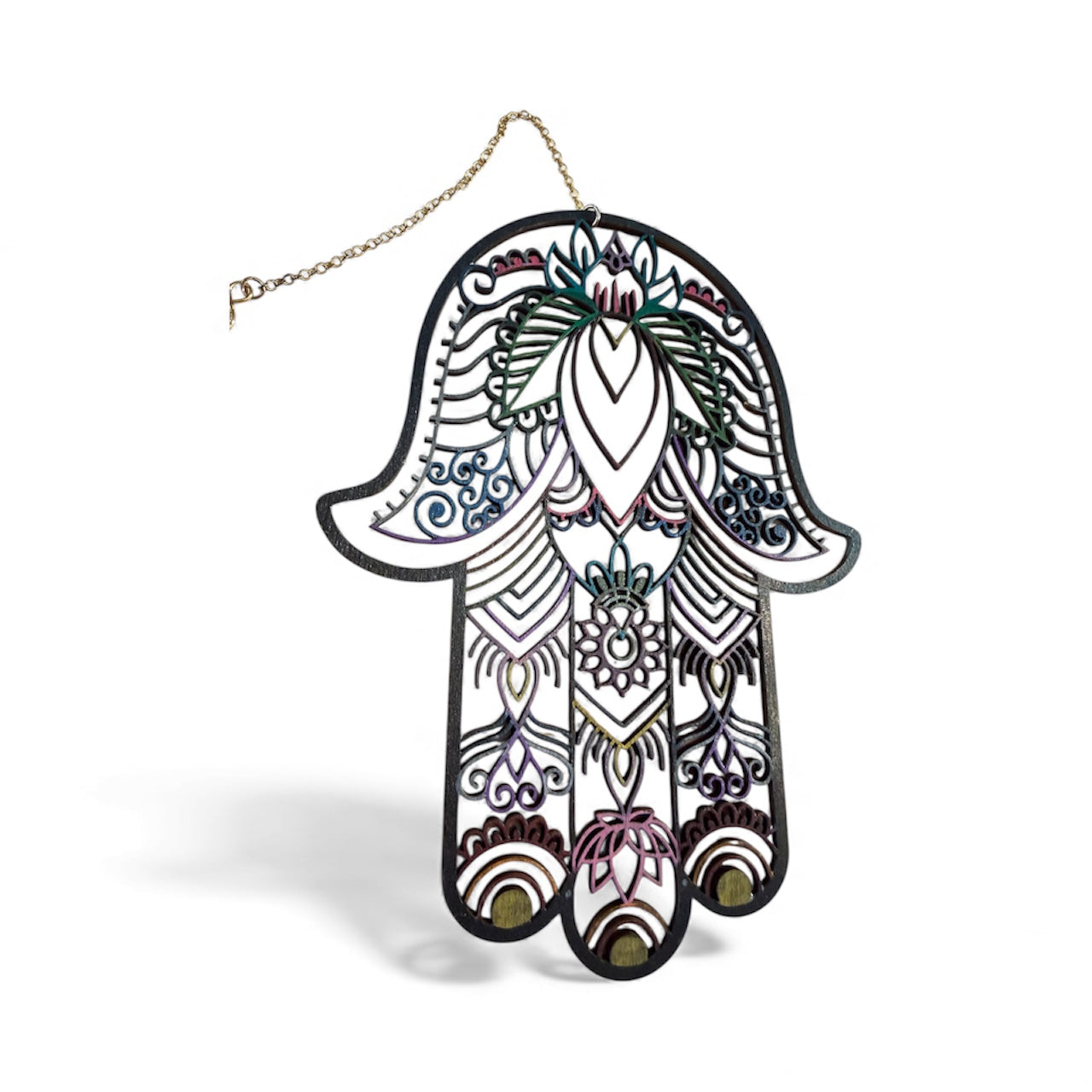 Two-sided wood hamsa — evil eye and floral mandala designs | Judaica Square Lakewood (view 8)