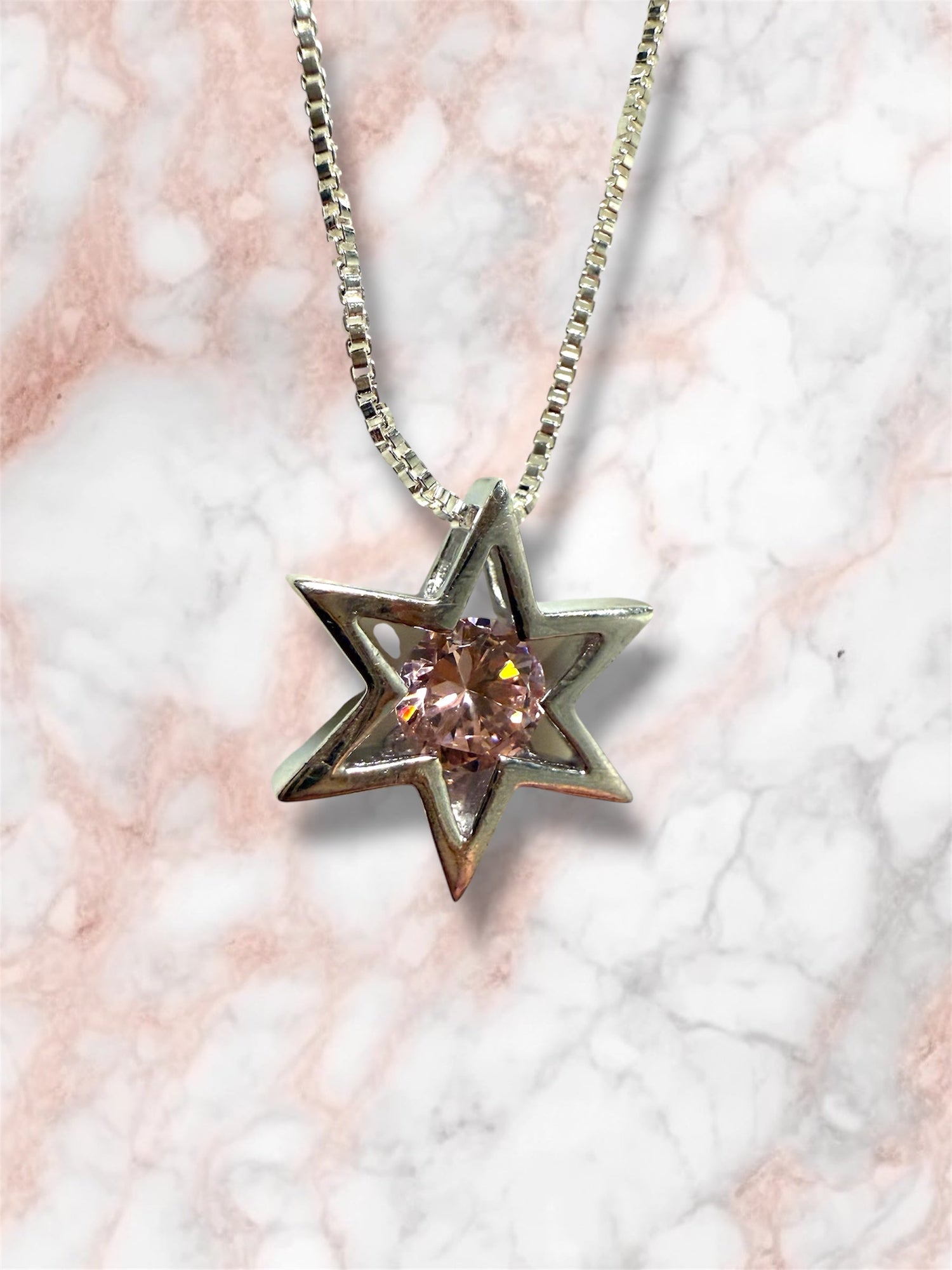 Modern sterling Star of David pendant centered with a pink stone | Judaica Square Lakewood (view 2)