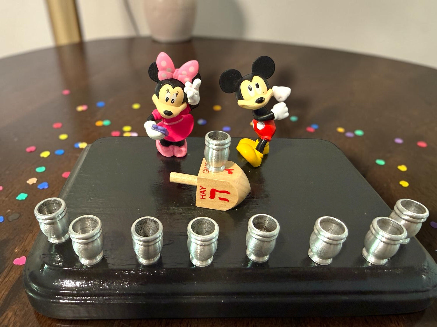 Mickey and Minnie Mouse menorah — repurposed Disney figures on painted wood plaque | Judaica Square Lakewood (view 11)