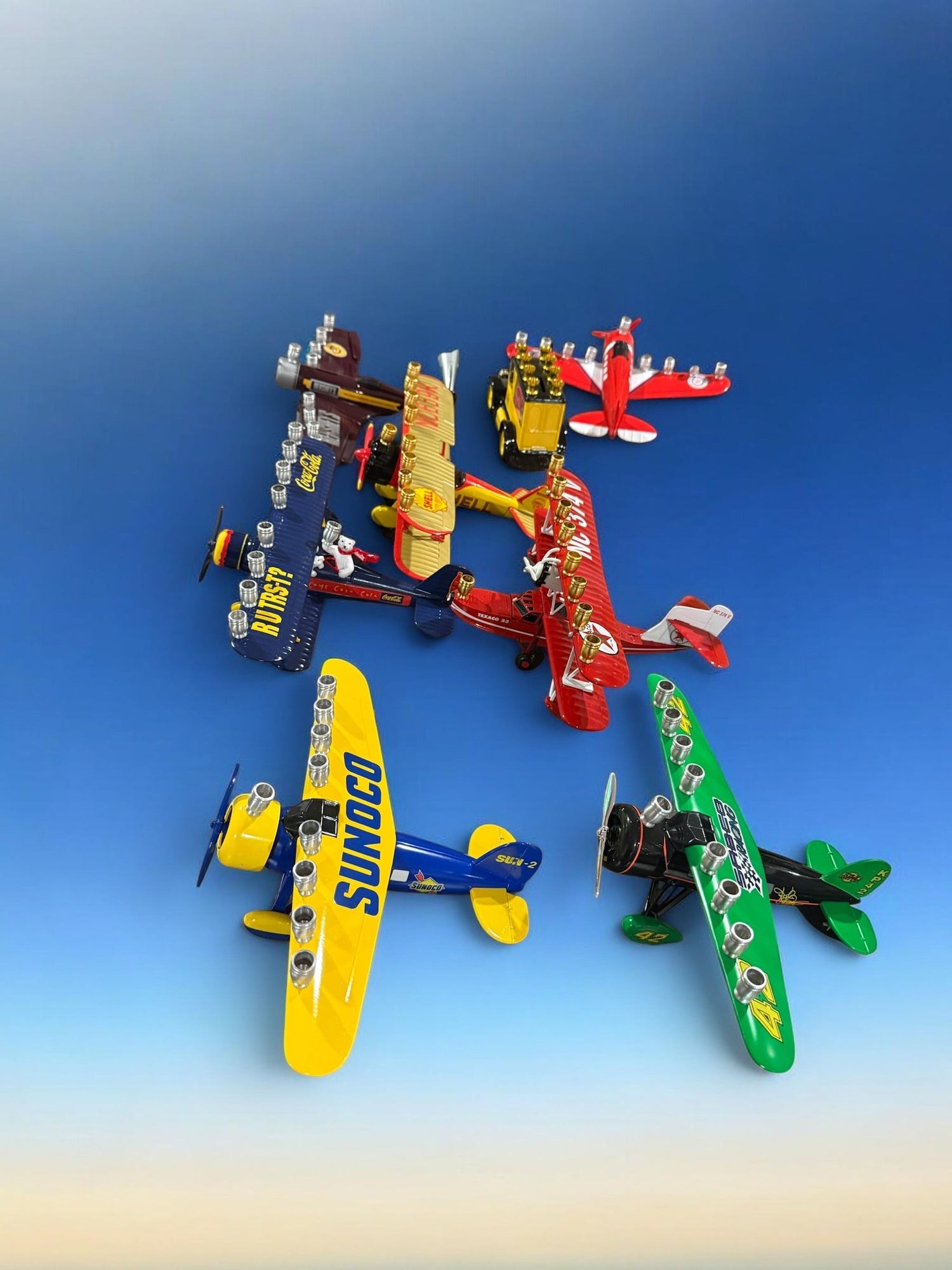 Vintage Airplane Menorah — die-cast metal plane bank fitted with aluminum cups | Judaica Square Lakewood (view 10)